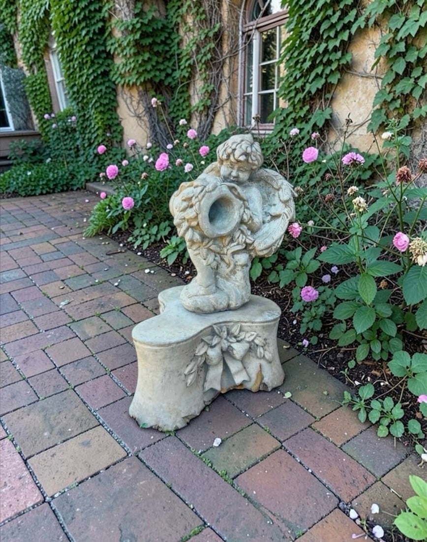Late 20th Century Cast Stone Garden Fountain Statue Pedestal - Romantic European Garden Accent With - 8