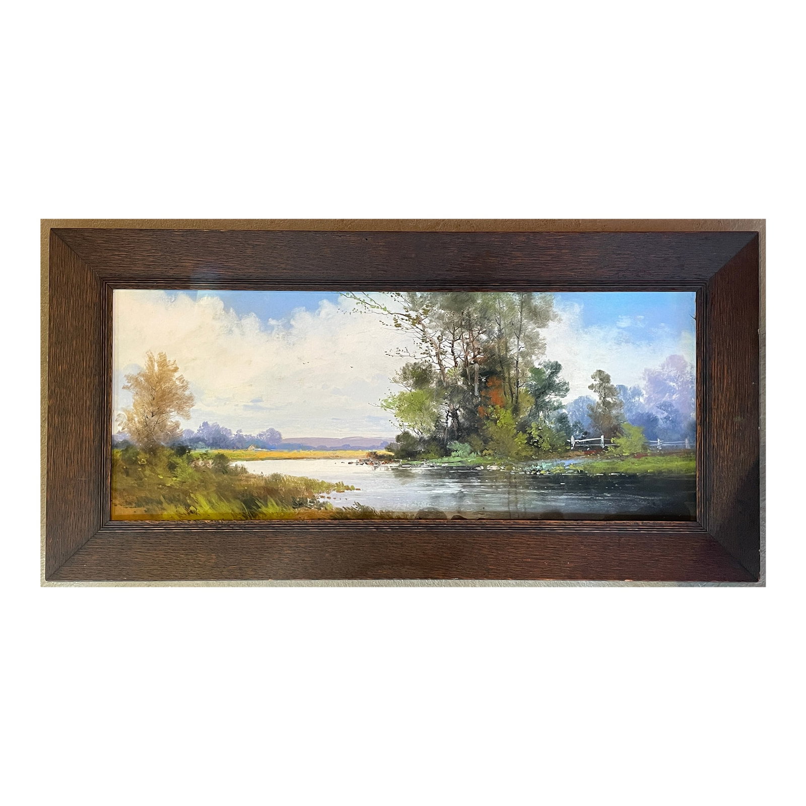 Early 20th . Romantic Framed British Landscape Painting: This reminds me of my childhood though I did not grow up in England I did spend lots of time by a gentle flowing stream. Landscape paintings take me away to a happy place! Condition: Alterations: