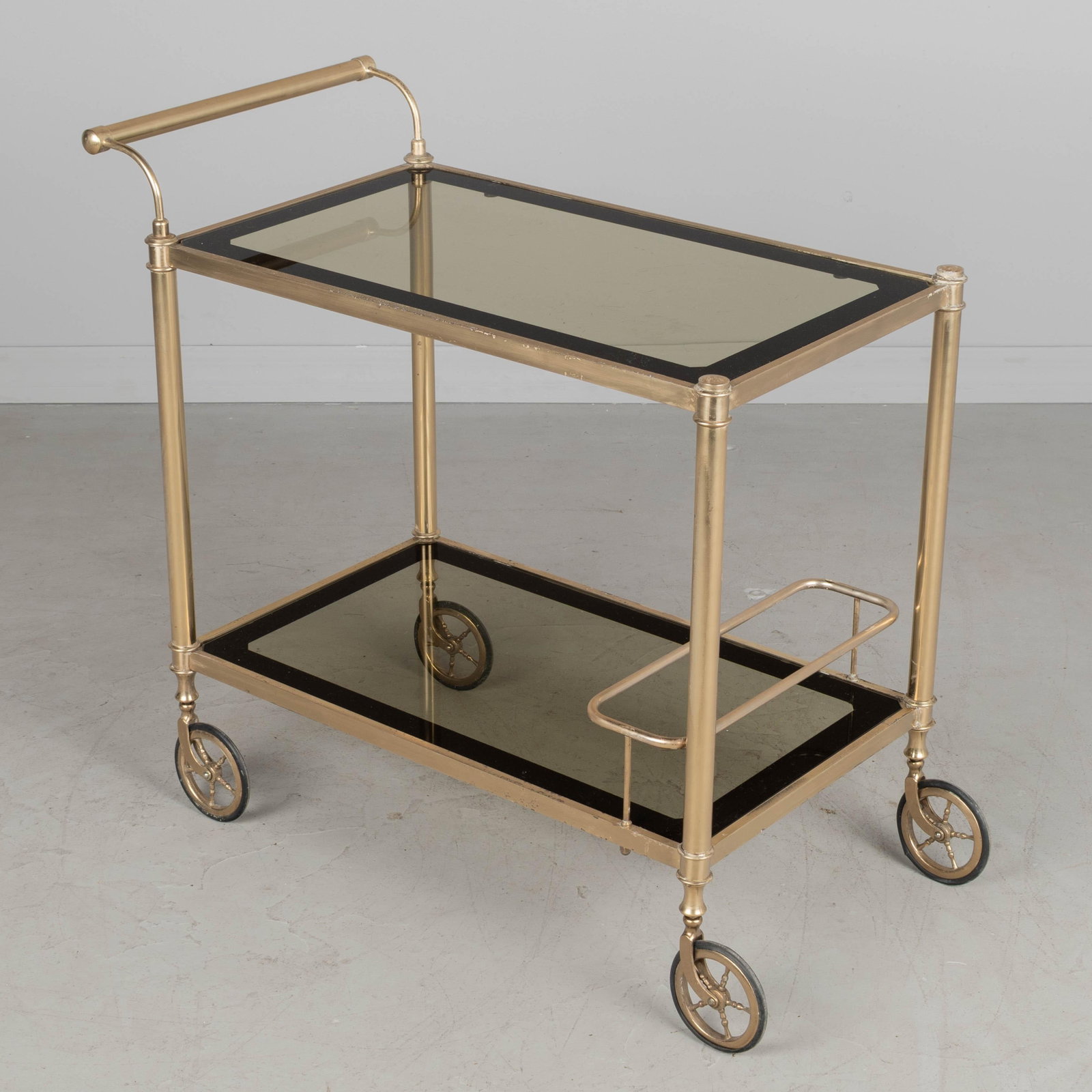 Italian Brass Bar Cart With Smoked Glass Shelves 1970s - 2