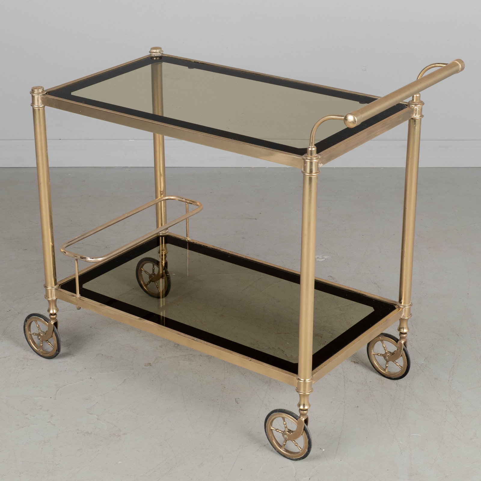 Italian Brass Bar Cart With Smoked Glass Shelves 1970s - 3