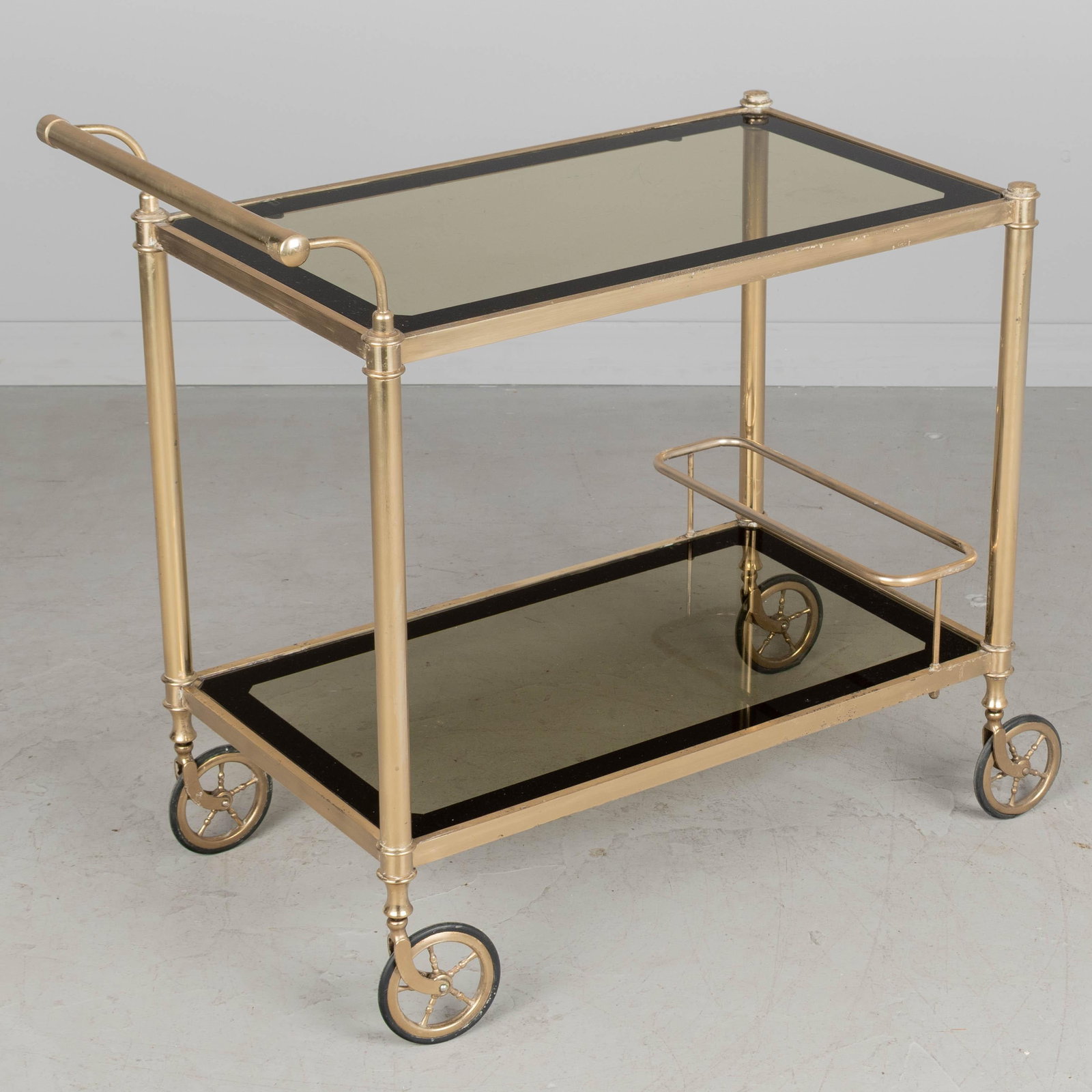 Italian Brass Bar Cart With Smoked Glass Shelves 1970s - 4