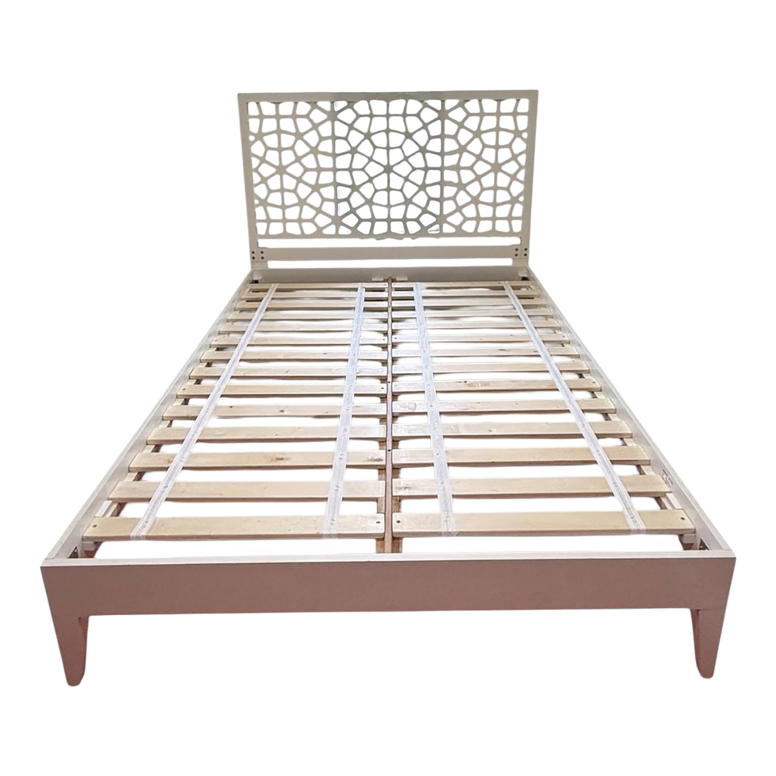 Moroccan Lattice Bed (Queen): Queen size Moroccan lattice Headboard. West Elm Low Bedframe, White Lacquer, Queen Size. The laser-cut motif on Morocco headboard was inspired by geometric Moroccan patterns. Intricate lace-like