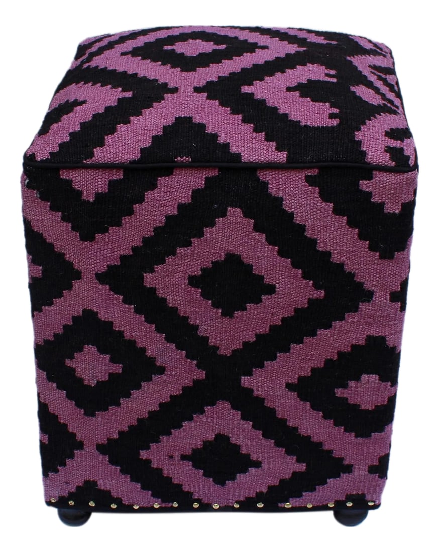 1990s Boho Chic Tribal Handmade Kilim Upholstered Ottoman: Chic handmade ottoman crafted using wood and upholstered using hand-woven kilim wool rug is a multi-purpose fashion pouf which will add dimension, color and style to your decor. Inspired by geometric