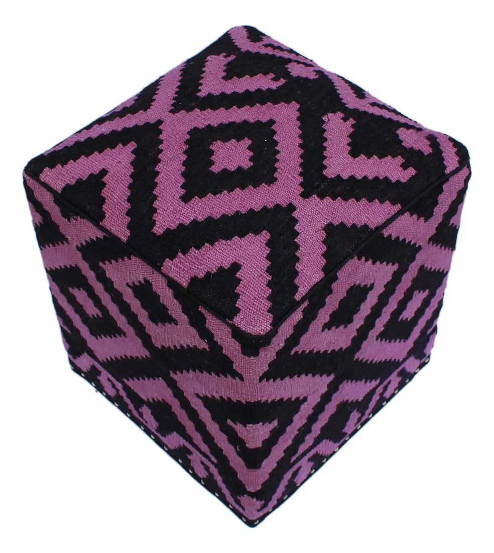 1990s Boho Chic Tribal Handmade Kilim Upholstered Ottoman: Chic handmade ottoman crafted using wood and upholstered using hand-woven kilim wool rug is a multi-purpose fashion pouf which will add dimension, color and style to your decor. Inspired by geometric