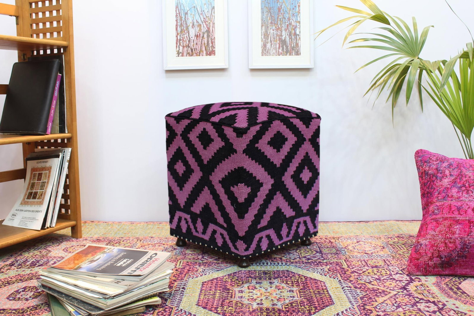 1990s Boho Chic Tribal Handmade Kilim Upholstered Ottoman - 2