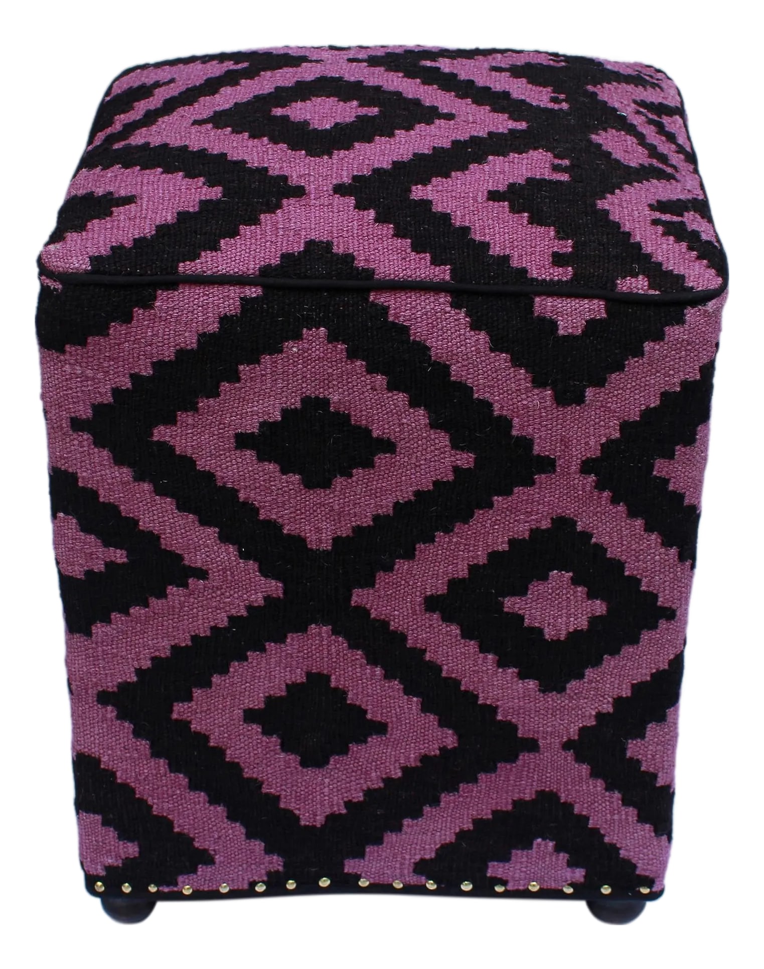 1990s Boho Chic Handmade Kilim Upholstered Ottoman: Chic handmade ottoman crafted using wood and upholstered using hand-woven kilim wool rug is a multi-purpose fashion pouf which will add dimension, color and style to your decor. Inspired by geometric