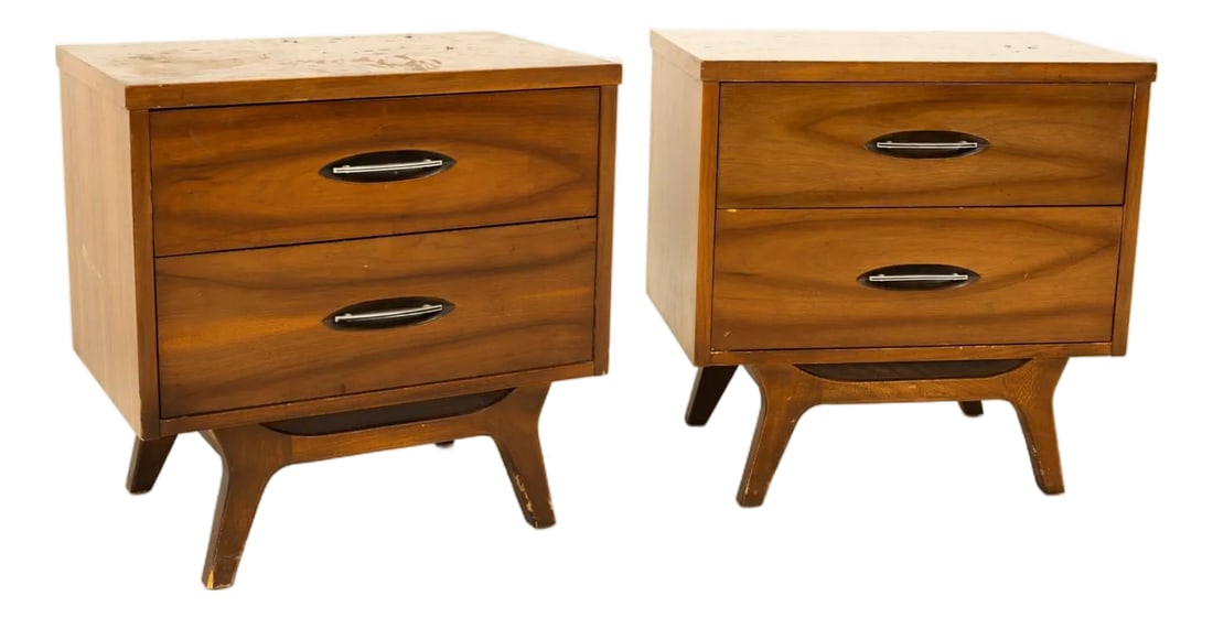 Mid-Century Modern Walnut Nightstands - Set of 2: This listing is for a pair of Mid-Century Modern Walnut Nightstands. Featuring a straight line design, two drawers for storage, chrome hardware, modern legs with stretcher, and a beautiful walnut fini