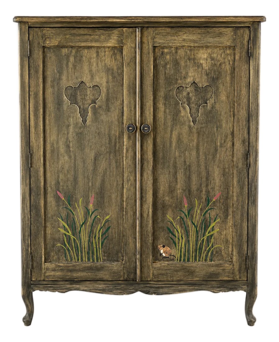 Late 20th Century One-of-a-Kind Hand-Painted Children's Cottage Chifferobe Armoire: Bring warmth and storybook charm to a nursery, child's bedroom, or cottage-inspired home with this one-of-a-kind hand-painted children's chifferobe. Finished in a softly distressed gray-green wash,