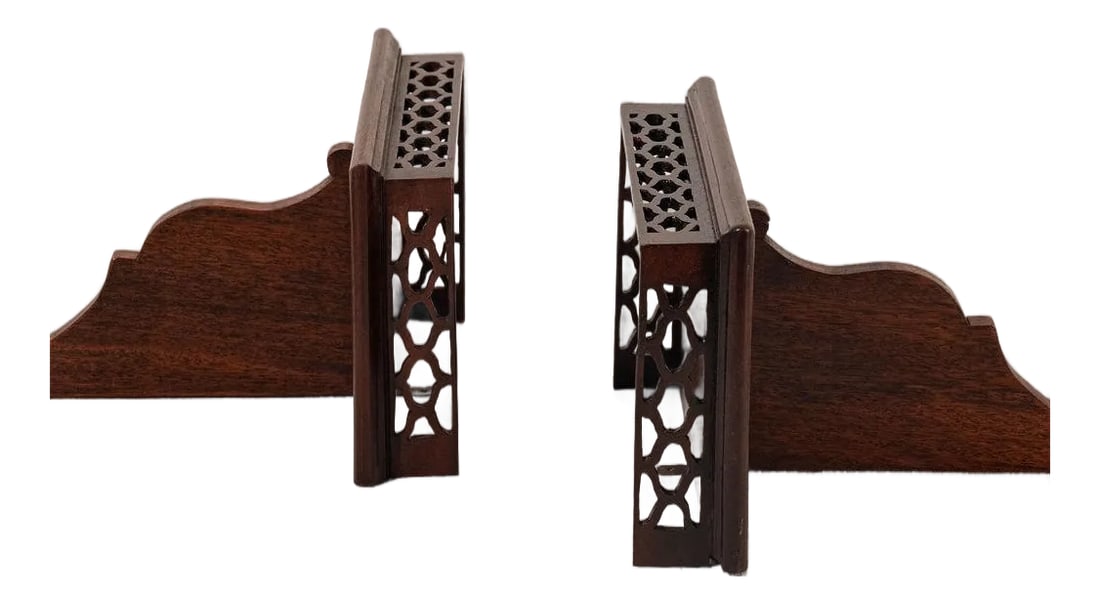 19th Century Pair English Mahogany Wall Brackets With Carved Shelf: Pair of English mahogany wall brackets with carved shelves, shaped supports, and rich wood grain. Condition: Alterations: Original Condition Unaltered Imperfections: Some Imperfections Condition
