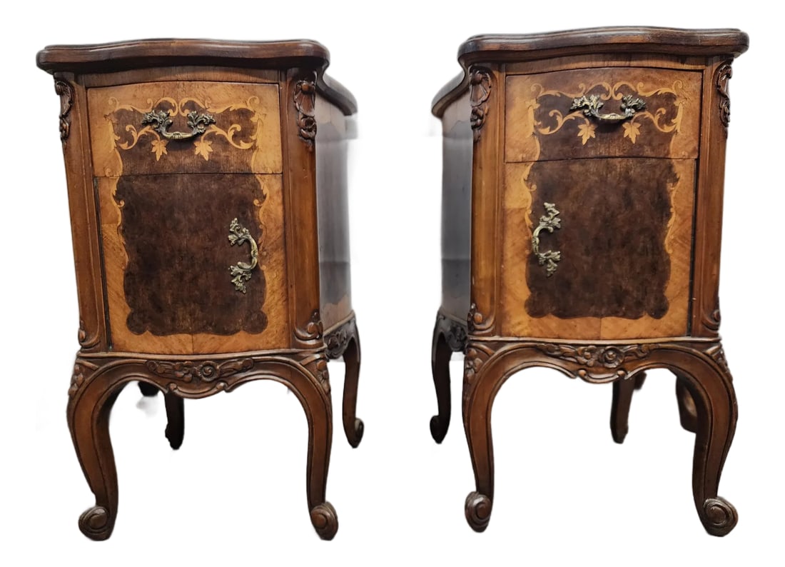 1940s Pair of Beautiful Inlay Rococo Nightstands: Lovely Nightstands featuring a drawer each and door for high functionality and storage along with Beauty. One of the nightstands inside the door is missing a piece of veneer but this is not seen when 
