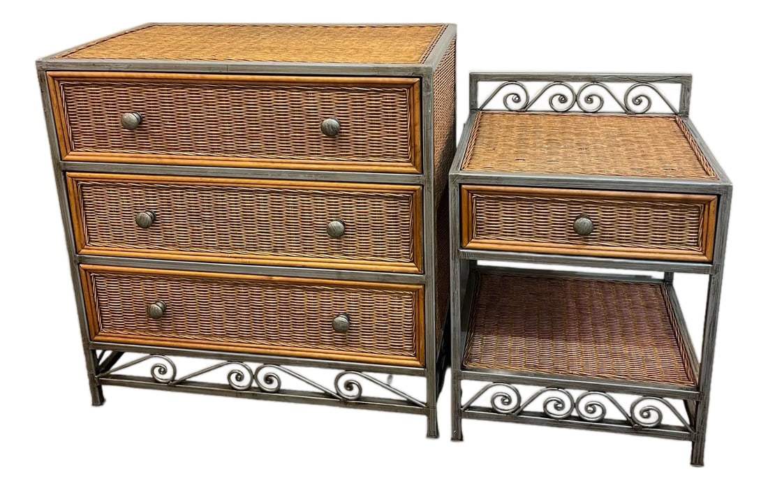 1990s Wicker Rattan Metal Frame Dresser and Night Stand Coastal, 2 Pieces: Metal framed, wicker, rattan dresser with nightstand Very solid drawers on her own rollers and open and close easily Dresser measures 42 inches wide 19 inches deep and 32.5 inches tall Nightstand