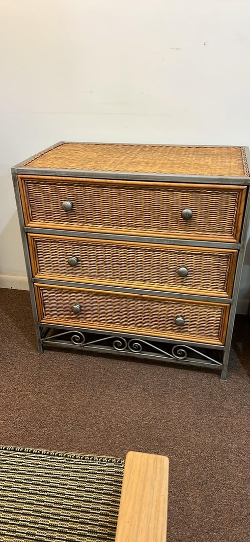 1990s Wicker Rattan Metal Frame Dresser and Night Stand Coastal, 2 Pieces - 2