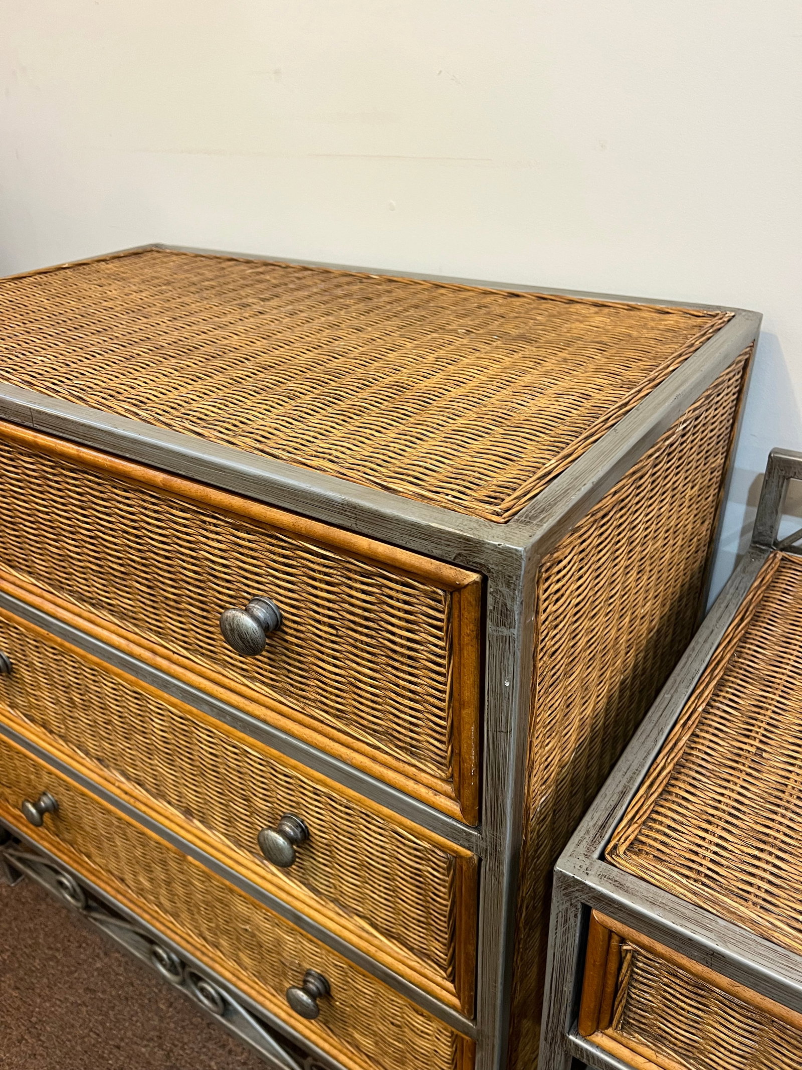 1990s Wicker Rattan Metal Frame Dresser and Night Stand Coastal, 2 Pieces - 6