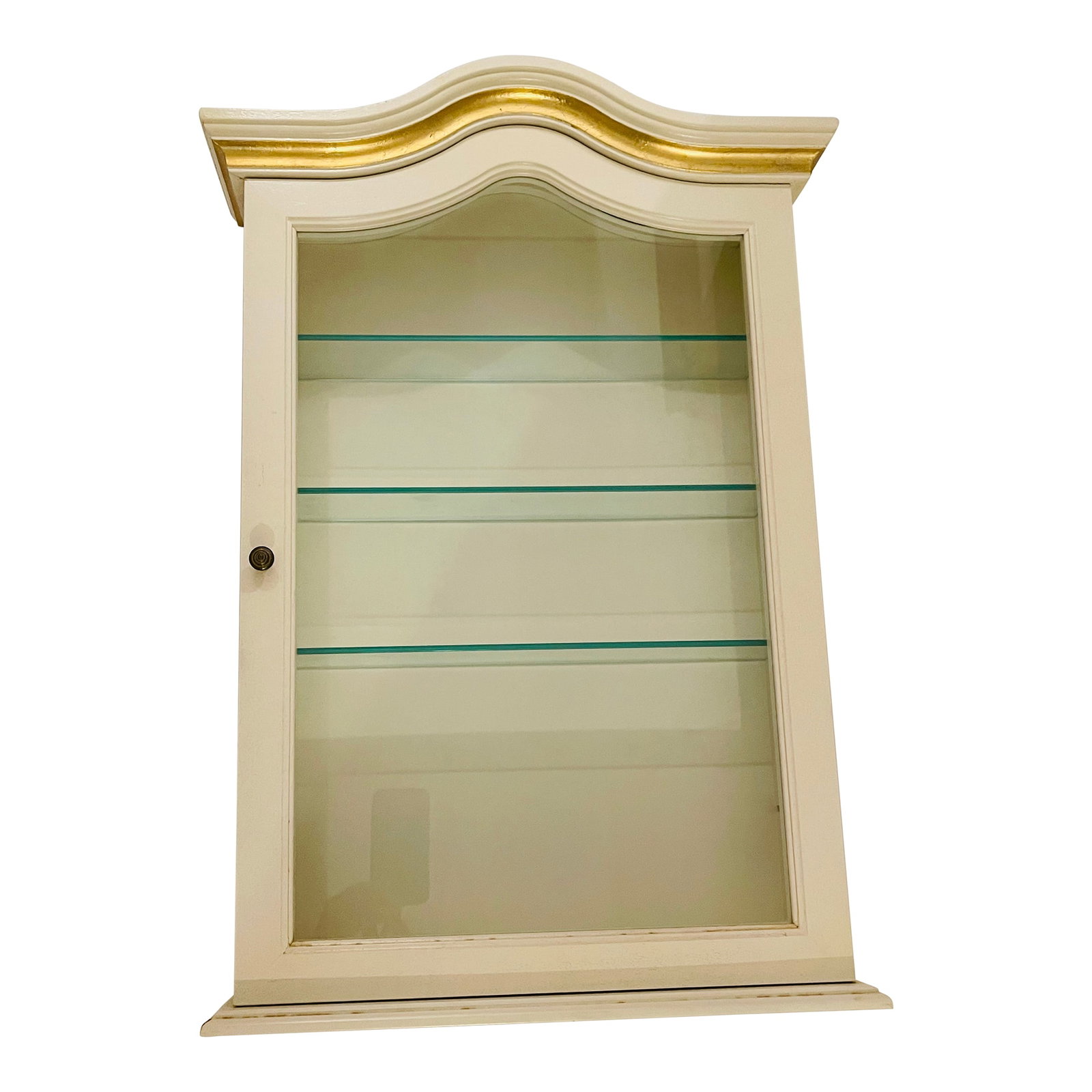 1960s Hollywood Regency White Wall Vitrine Display Case: Elegant vintage Hollywood Regency antique white vitrine with gold accent and glass shelves. Condition: Alterations: Original Condition Unaltered Imperfections: Some Imperfections Condition Notes: