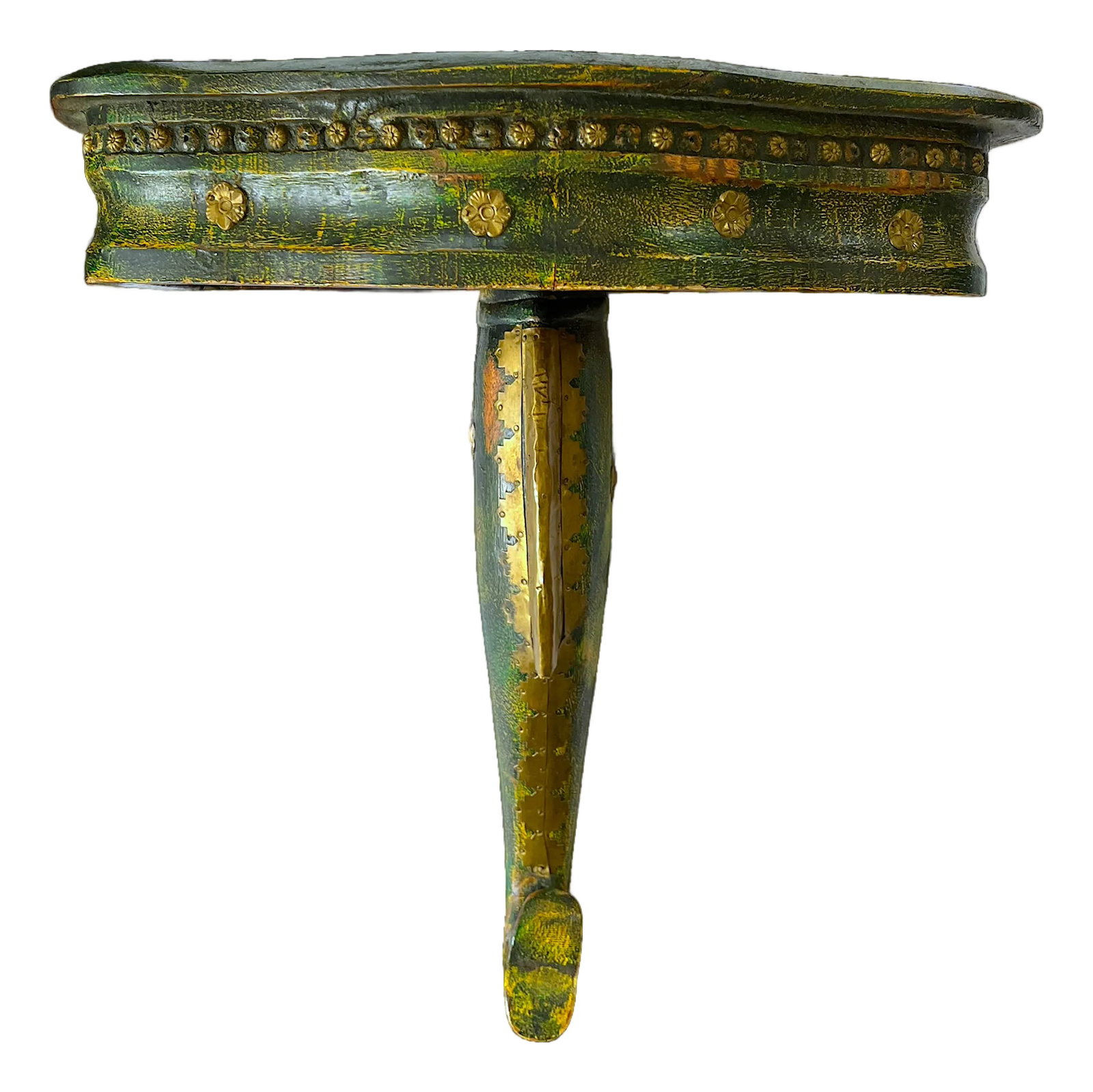 Mid-Century Florentine-Style Artisan-Made Painted Green Wood & Brass Demilune Wall Console Shelf Wit: Artisan-made mid-century Florentine-style demilune wall console. Richly detailed and entirely hand-finished, the piece pairs a softly distressed green-painted wood surface with hand-formed brass