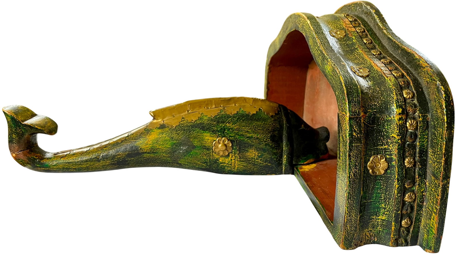 Mid-Century Florentine-Style Artisan-Made Painted Green Wood & Brass Demilune Wall Console Shelf Wit - 2
