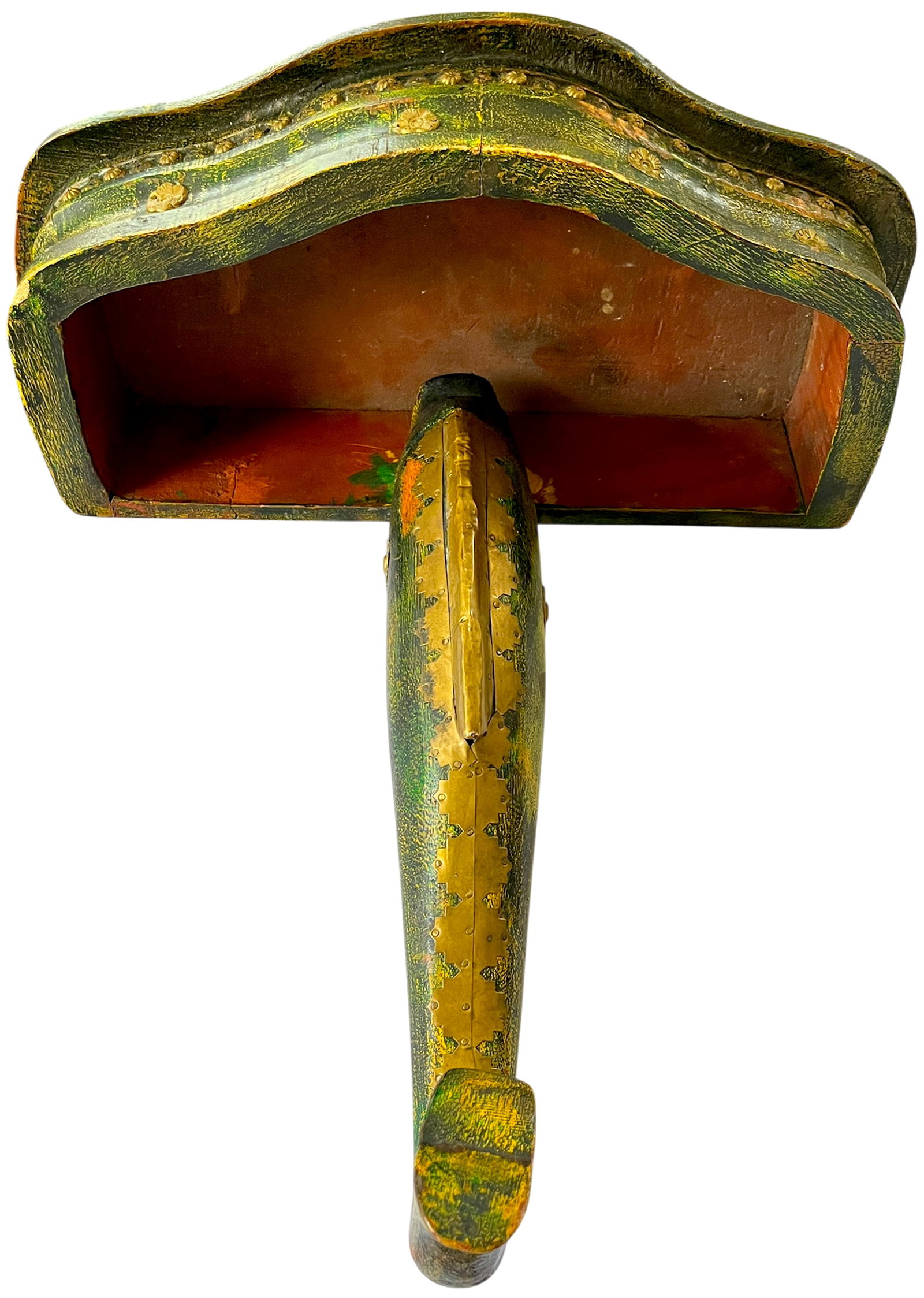 Mid-Century Florentine-Style Artisan-Made Painted Green Wood & Brass Demilune Wall Console Shelf Wit - 5