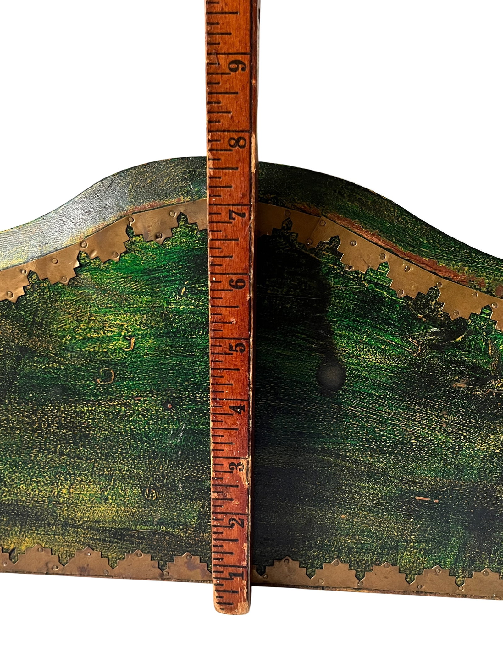 Mid-Century Florentine-Style Artisan-Made Painted Green Wood & Brass Demilune Wall Console Shelf Wit - 9