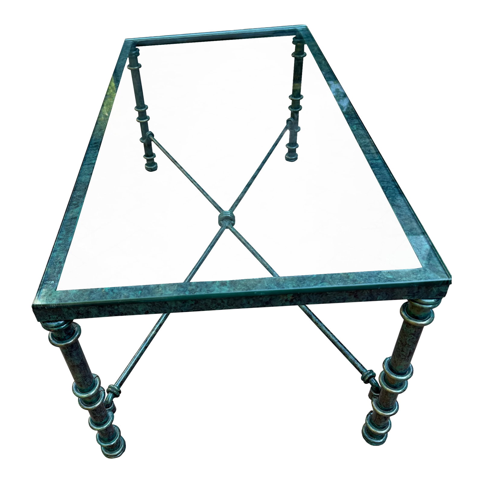 Vintage Brutalist Faux Verdigris Finish Glass Top Coffee Table - Styled After Giacometti: Attractive vintage coffee table presented in the Brutalist style similar to the work of the mid-Century modern Swiss-born sculptor brothers Diego and Alberto Giacometti. The coffee table is well const