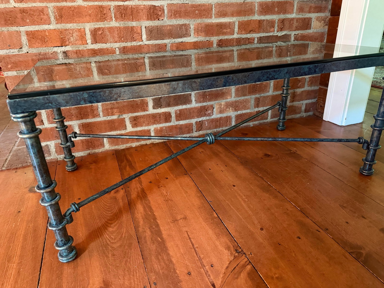 Vintage Brutalist Faux Verdigris Finish Glass Top Coffee Table - Styled After Giacometti - 2