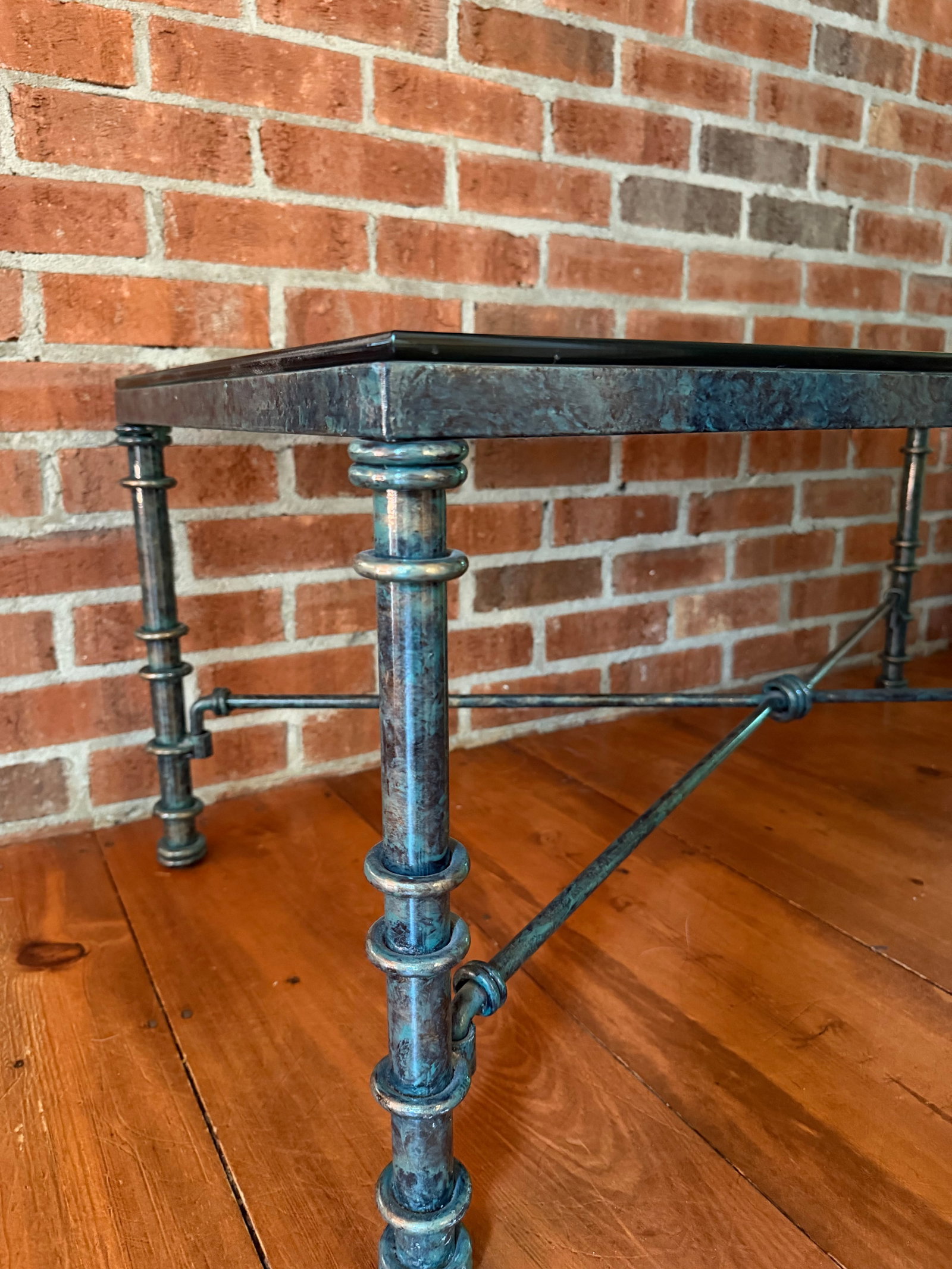 Vintage Brutalist Faux Verdigris Finish Glass Top Coffee Table - Styled After Giacometti - 3