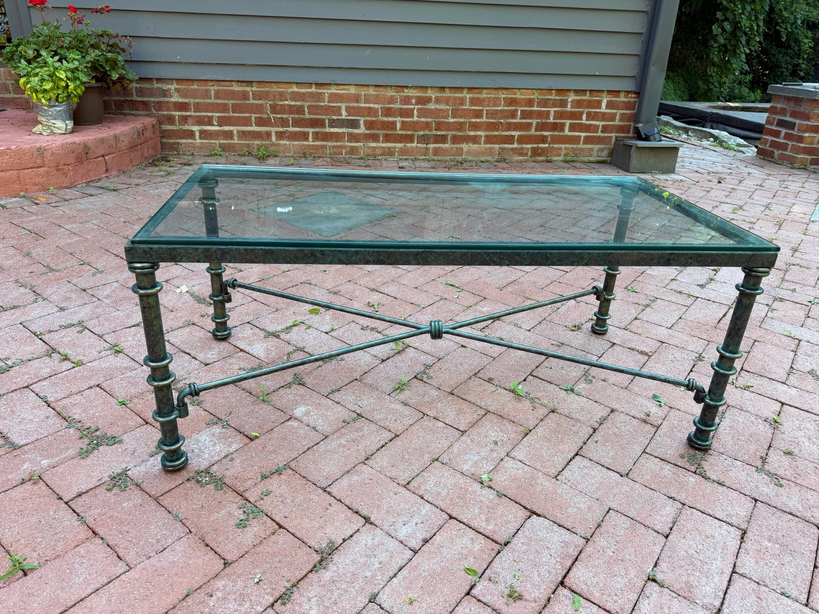 Vintage Brutalist Faux Verdigris Finish Glass Top Coffee Table - Styled After Giacometti - 7