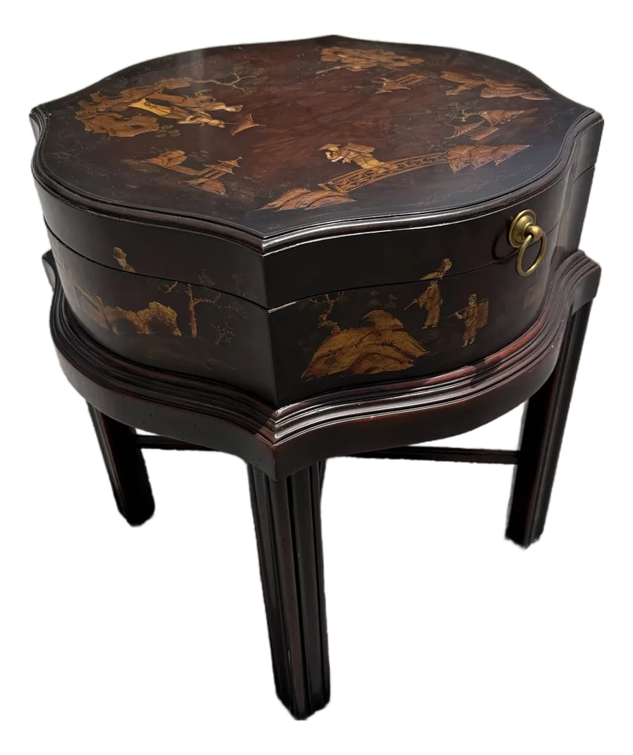 Theodore Alexander Indochine the Floral Painted Box Accent Table: A Chinoiserie brown lacquer and gold painted box on stand Theodore Alexander is one of the finest luxury furniture brands in the world. We believe in using the most interesting materials for both func