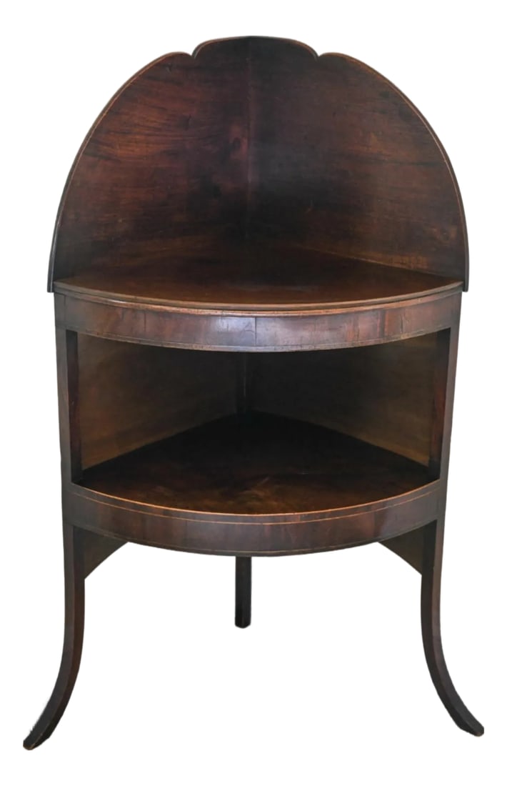 Early 20th Century Empire Style Mahogany Corner Etagere: This little piece has so much elegance for the real estate space that it occupies. I think it is adorable as is or would possibly be more precious painted white or a color in lacquer. Elegant and