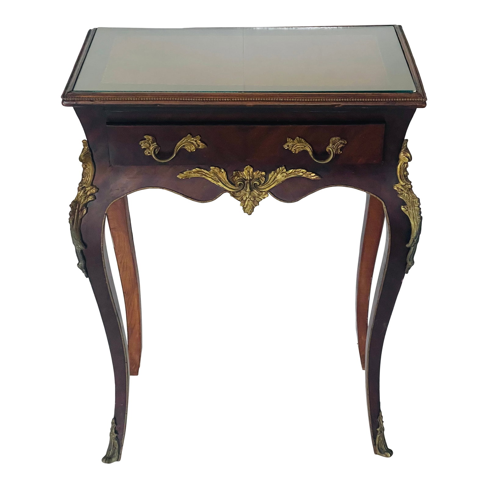 Reduced- 1920s French Louis XVI Style Ormolu Side Table With a Drawer and Inlay: Elegant antique French Louis XVi style mahogany wood with ormolu mounts side table with a drawer . Delately inlayed top with protective Glass Top. Condition: Alterations: Original Condition Unaltered 