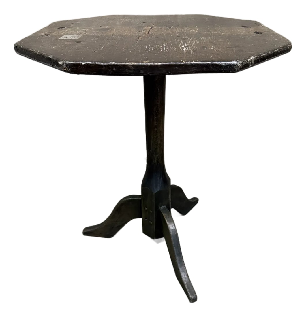 Antique Side Table Octagonal Top Snake Leg Tripod Primitive Green Paint Accent: A characterful antique tripod side table with genuine age and a wonderful old surface. The octagonal plank top with chamfered corners carries a lifetime of honest wear - scars, scrubbing, old plugs, a