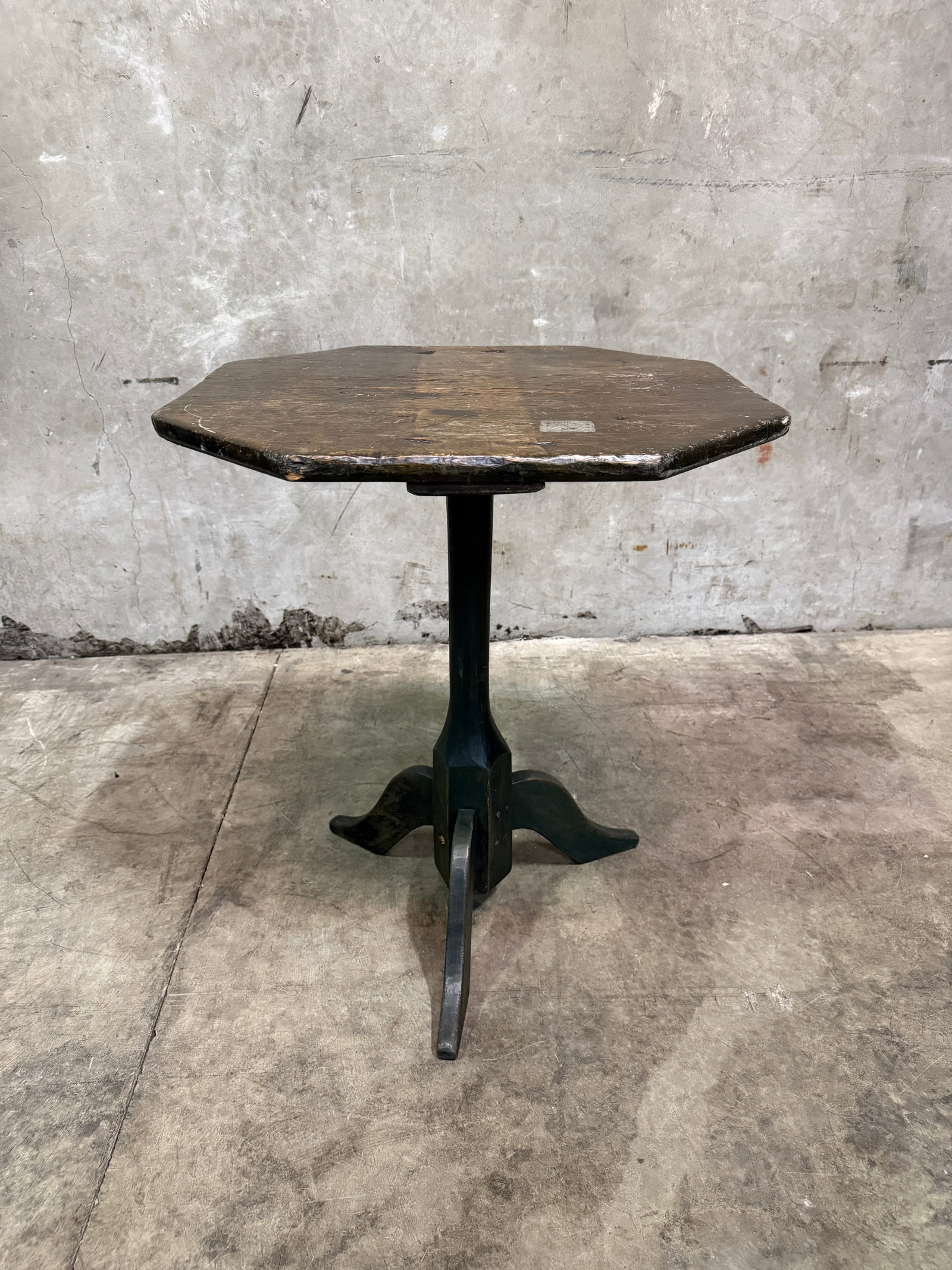 Antique Side Table Octagonal Top Snake Leg Tripod Primitive Green Paint Accent - 3