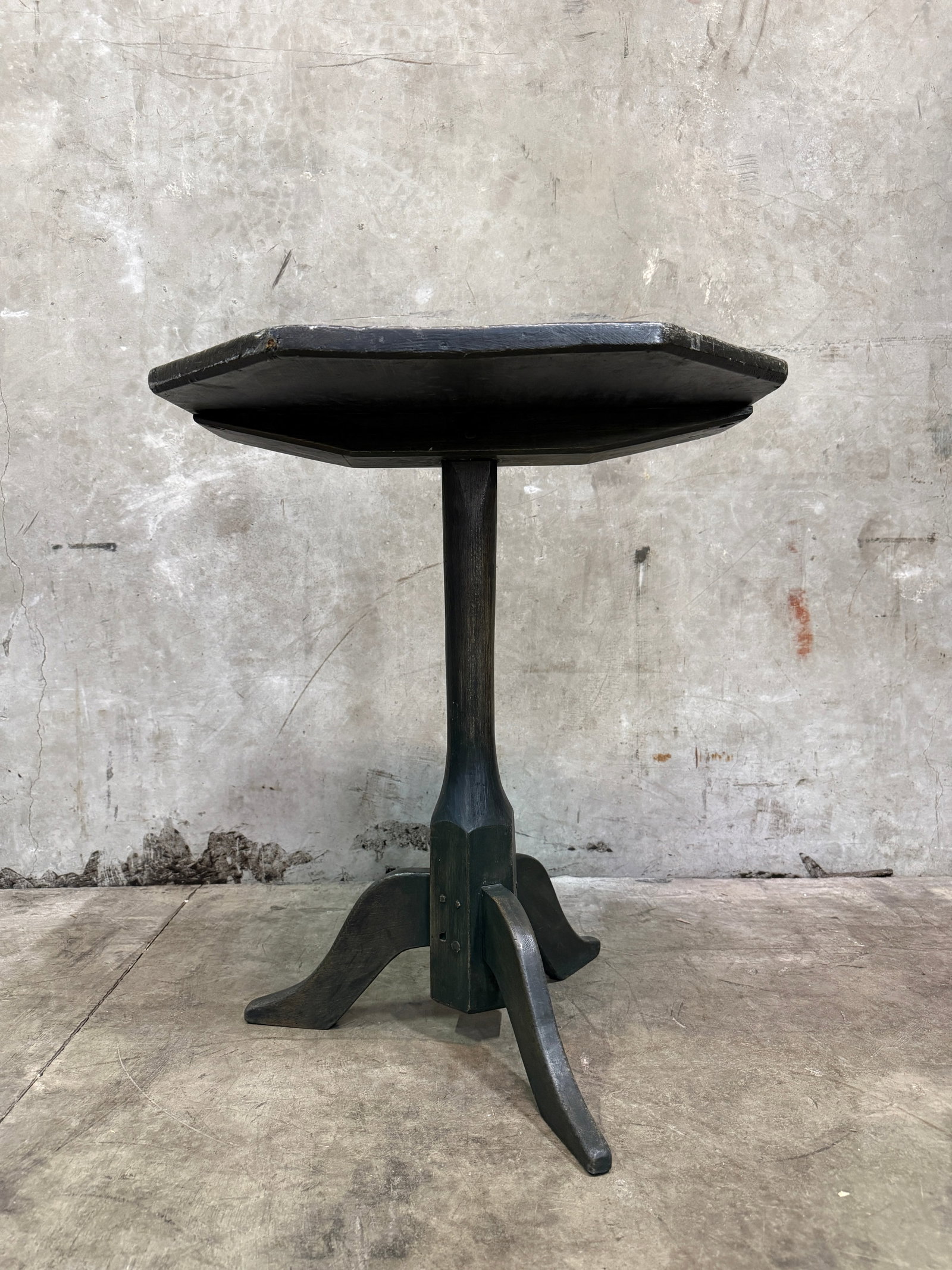Antique Side Table Octagonal Top Snake Leg Tripod Primitive Green Paint Accent - 4