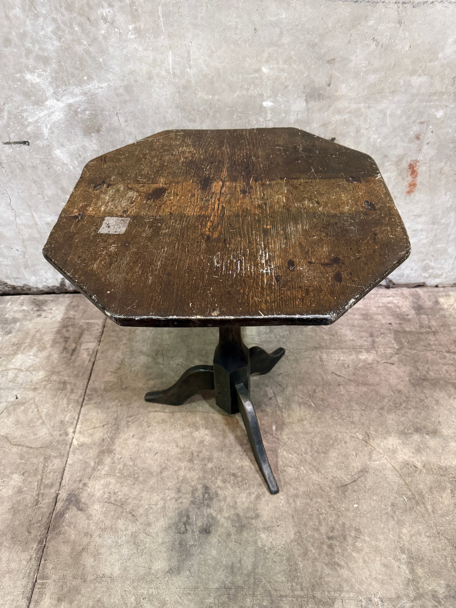 Antique Side Table Octagonal Top Snake Leg Tripod Primitive Green Paint Accent - 8