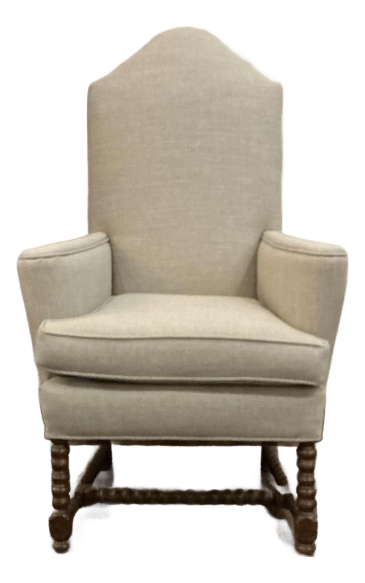 Small Scale Antique Wing Chair With Bobbin Turned Front Legs and Stretcher: This small scale, antique wingback chair has bobbin turned front legs and risers with splayed back legs. Beautiful and graceful. Newly Upholstered. Condition: Alterations: Original Design Modified Imp