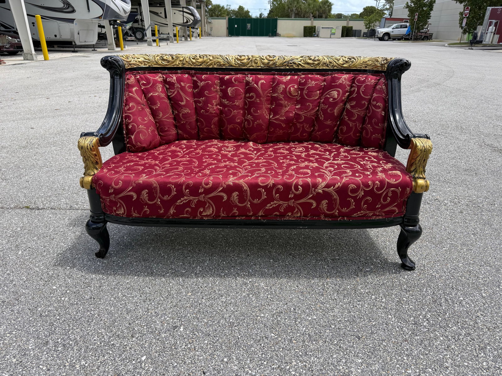 1930s Lovely Louis XVI Gold & Red Satin Walnut Victorian Sofa Settee - 12