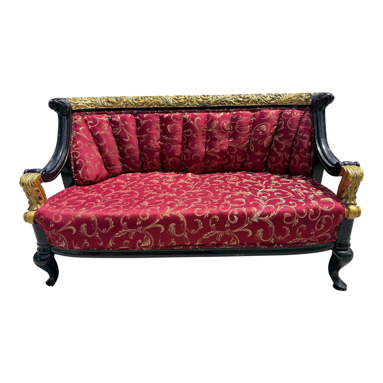 1930s Lovely Louis XVI Gold & Red Satin Walnut Victorian Sofa Settee (1 of 12)