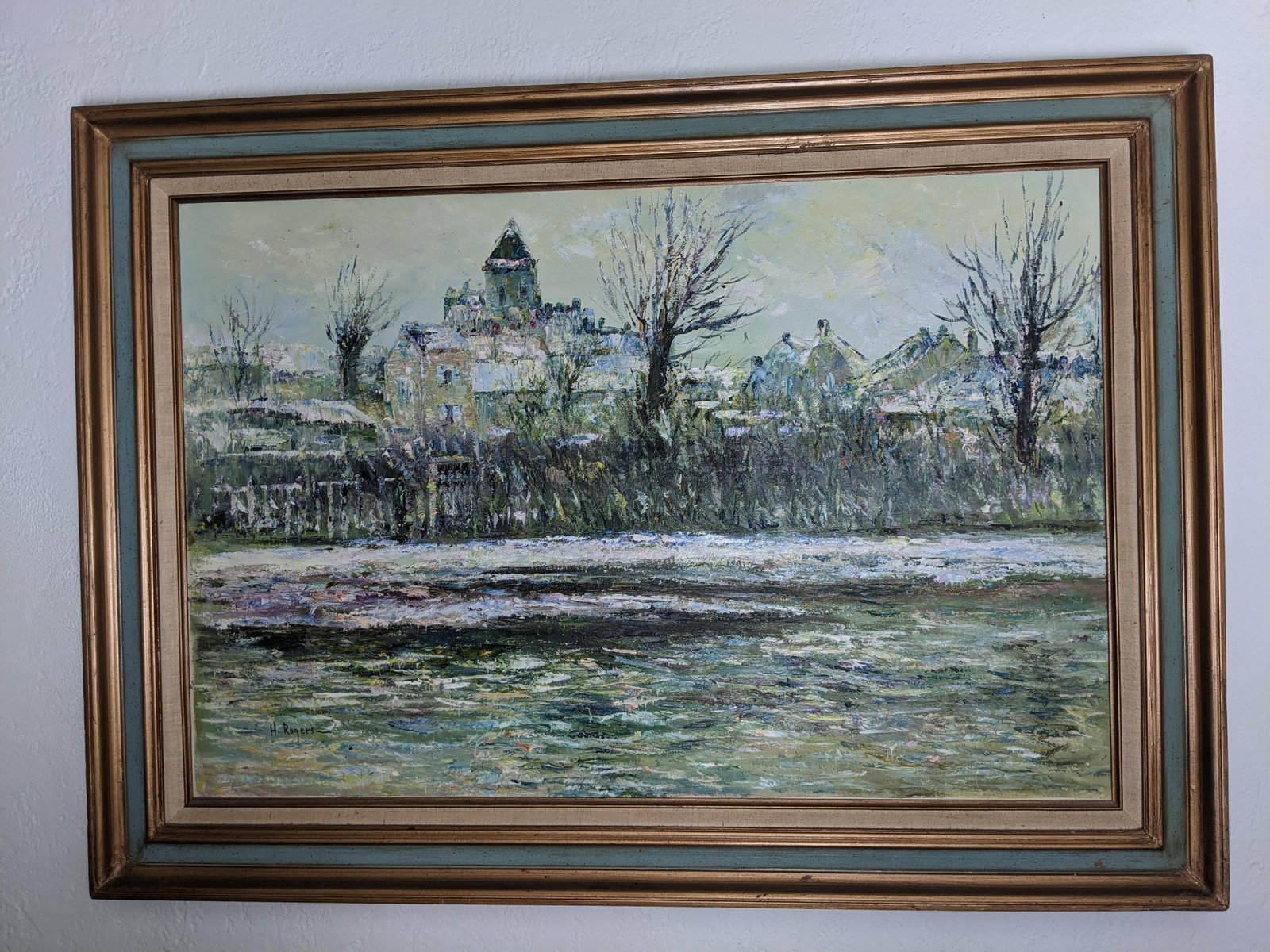 Late 20th Century Large H. Rogers Impressionist Winter Landscape Oil Painting Framed 43x31 in Style - 12