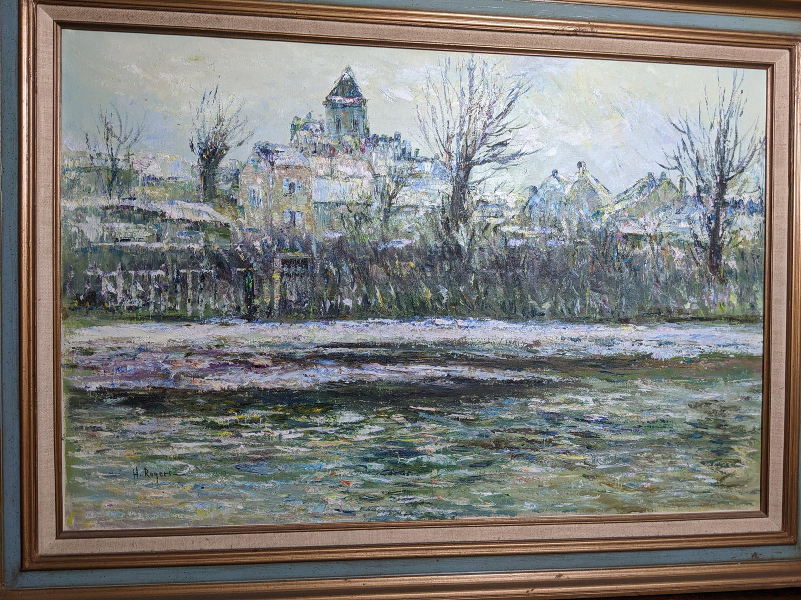 Late 20th Century Large H. Rogers Impressionist Winter Landscape Oil Painting Framed 43x31 in Style - 13