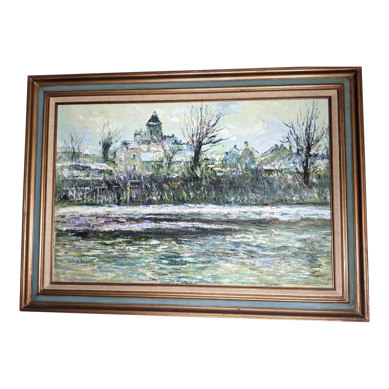 Late 20th Century Large H. Rogers Impressionist Winter Landscape Oil Painting Framed 43x31 in Style: This large original oil on canvas by artist H. Rogers captures a serene winter landscape rendered in a highly impressionistic style reminiscent of the works of Claude Monet. Rich layers of