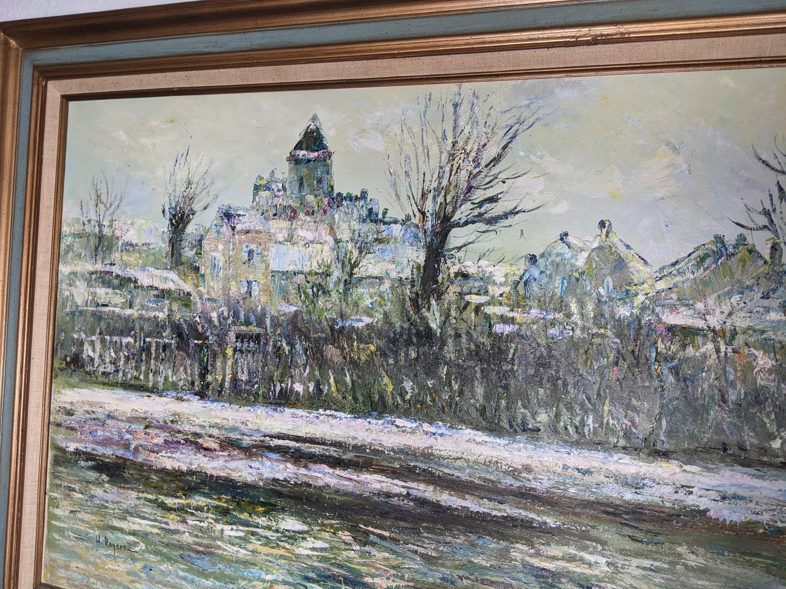 Late 20th Century Large H. Rogers Impressionist Winter Landscape Oil Painting Framed 43x31 in Style - 5