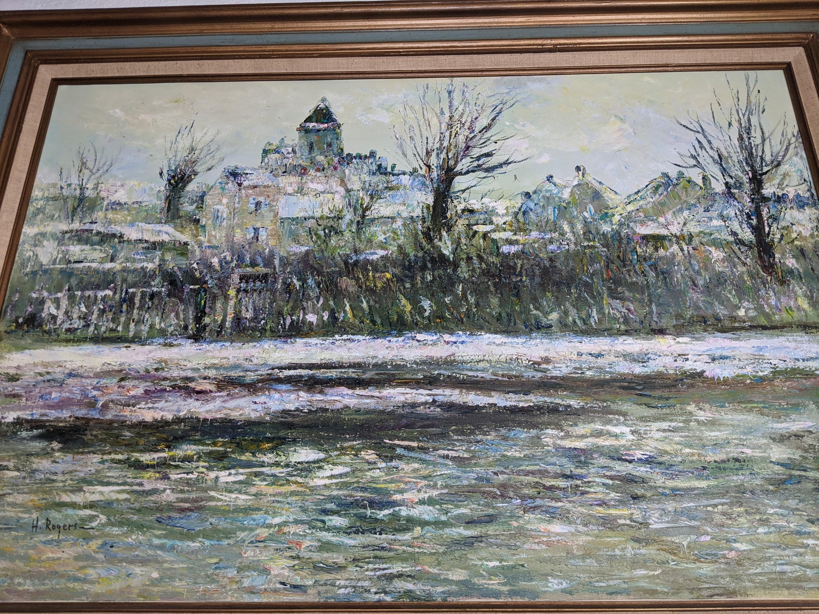Late 20th Century Large H. Rogers Impressionist Winter Landscape Oil Painting Framed 43x31 in Style - 8