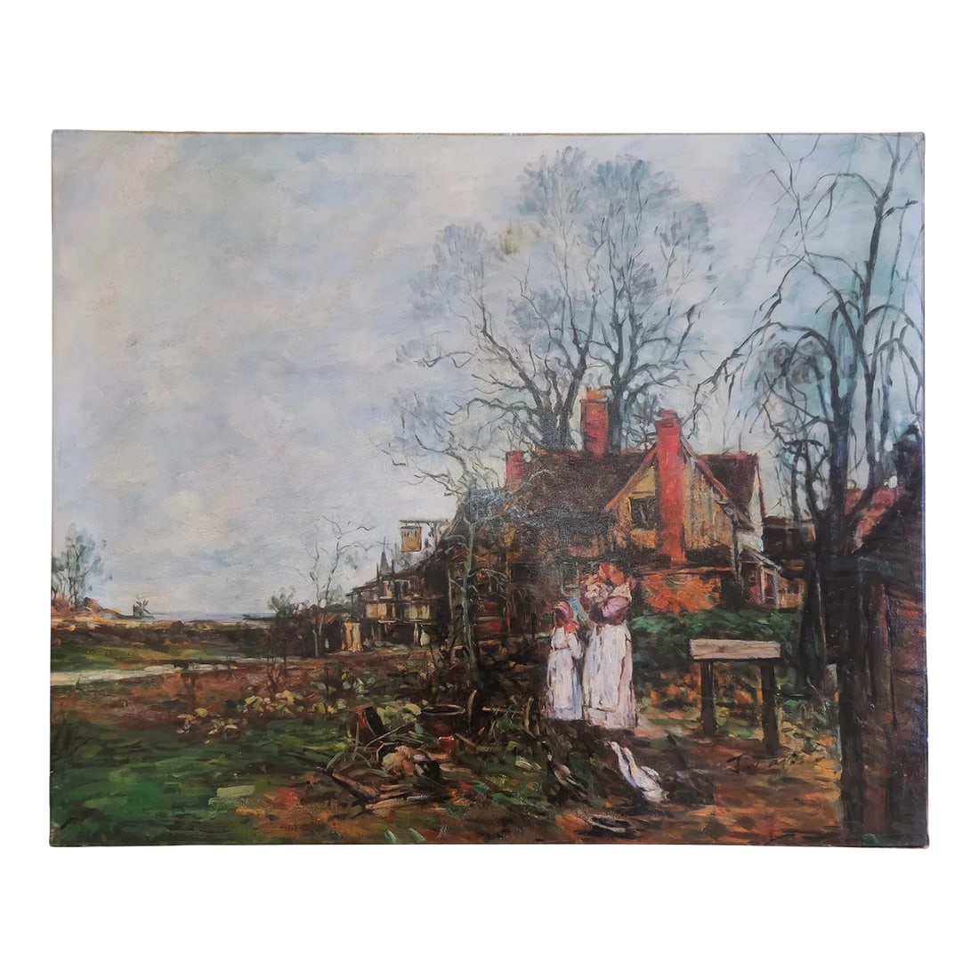 Mid-20th Century Signed J. T. Hills - Country Cottage Scene, Oil on Canvas: Oil on canvas, signed J. T. Hills (unidentified artist), circa late 20th century. Depicting a rustic cottage landscape with figures near a country house beneath bare trees, rendered in an expressive