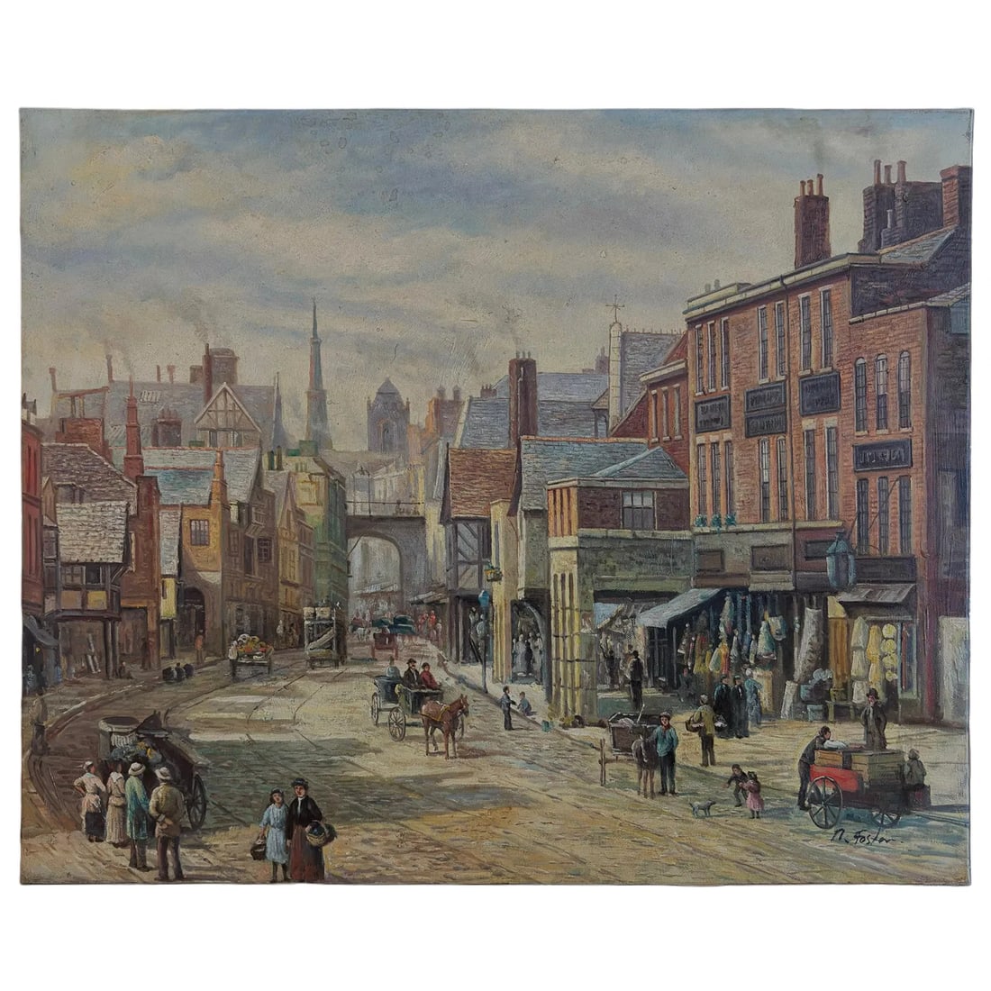 Late 20th Century Signed R. Foster - Victorian Street Market Scene, Oil on Canvas: Signed oil on canvas by R. Foster, circa late 20th century, depicting a lively Victorian-era street scene with market stalls, horse-drawn carts, pedestrians, and historic city architecture. Painted