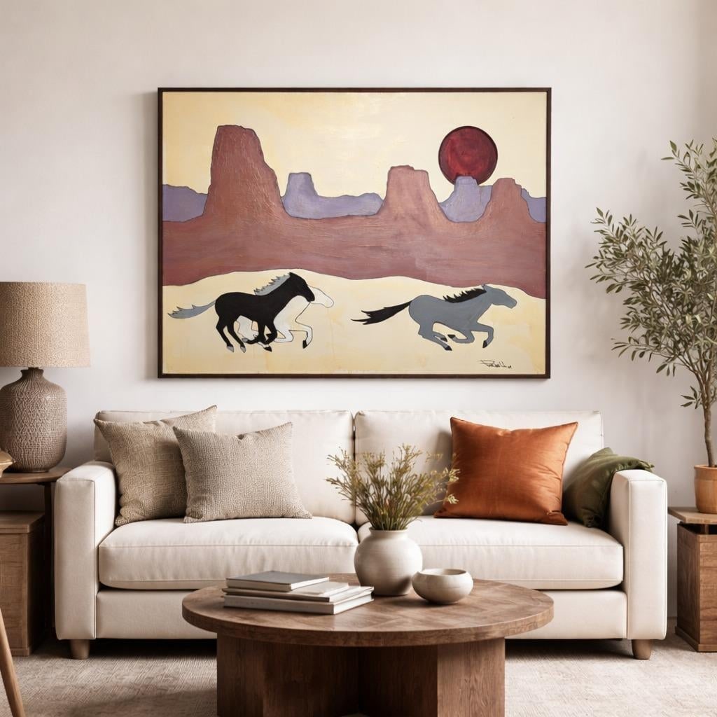 Vintage Signed 1994 Southwestern Horse and Desert Landscape Painting - 2