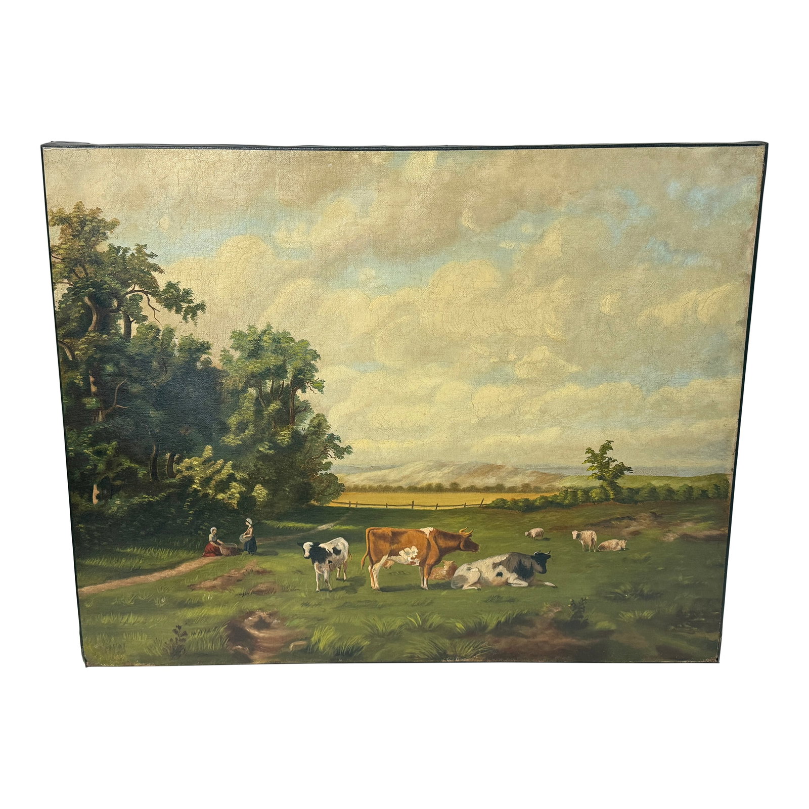 English 19th Century Pastoral Landscape With Cattle & Sheep Grazing: An unsigned 19th-century pastoral oil on canvas, probably English, depicting cattle and sheep at rest within an open rural meadow beneath a broad, cloud-filled sky. The composition is organized