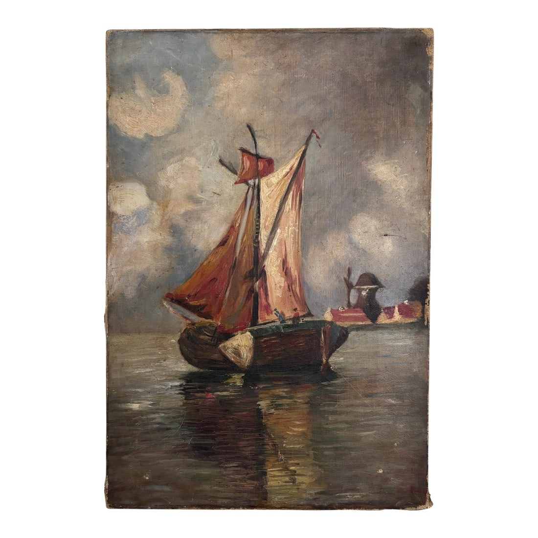 Original Antique English Maritime Oil Painting Circa Early 1900's: This original oil on canvas antique seascape painting from England is a loving tribute to seafaring and the sea. The artist is unknown but this piece came from an estate on the outskirts of Oxford,