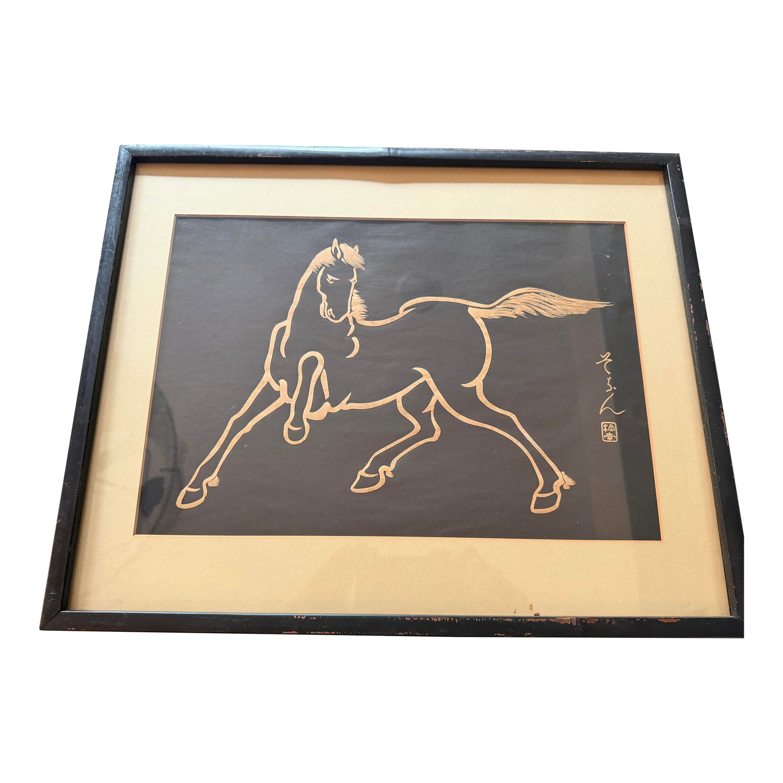 Mid Century Sonan Noda Japanese Woodblock Signed, Framed Portrait of a Horse: Framed woodblock drawing of a horse on a black ground by mid century modern Japanese artist Sonan Noda, as signed by the artist. Condition: Alterations: Original Condition Unaltered Imperfections: Som