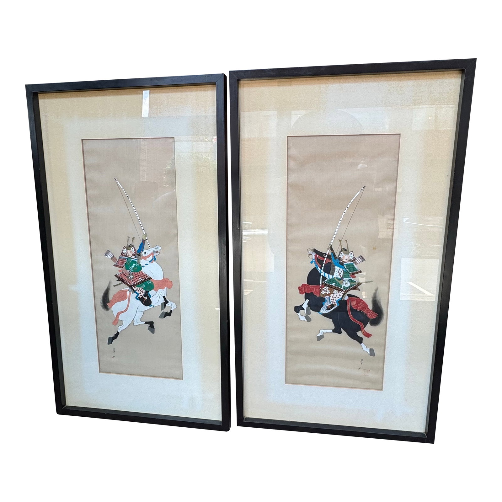 Vintage Pair of Paintings on Silk- Samurai on Horseback: This is such a dynamic pair of paintings! The shape of the frames, the color palette, the movement- they would add interest to any wall! There are some imperfections on the painting with the black