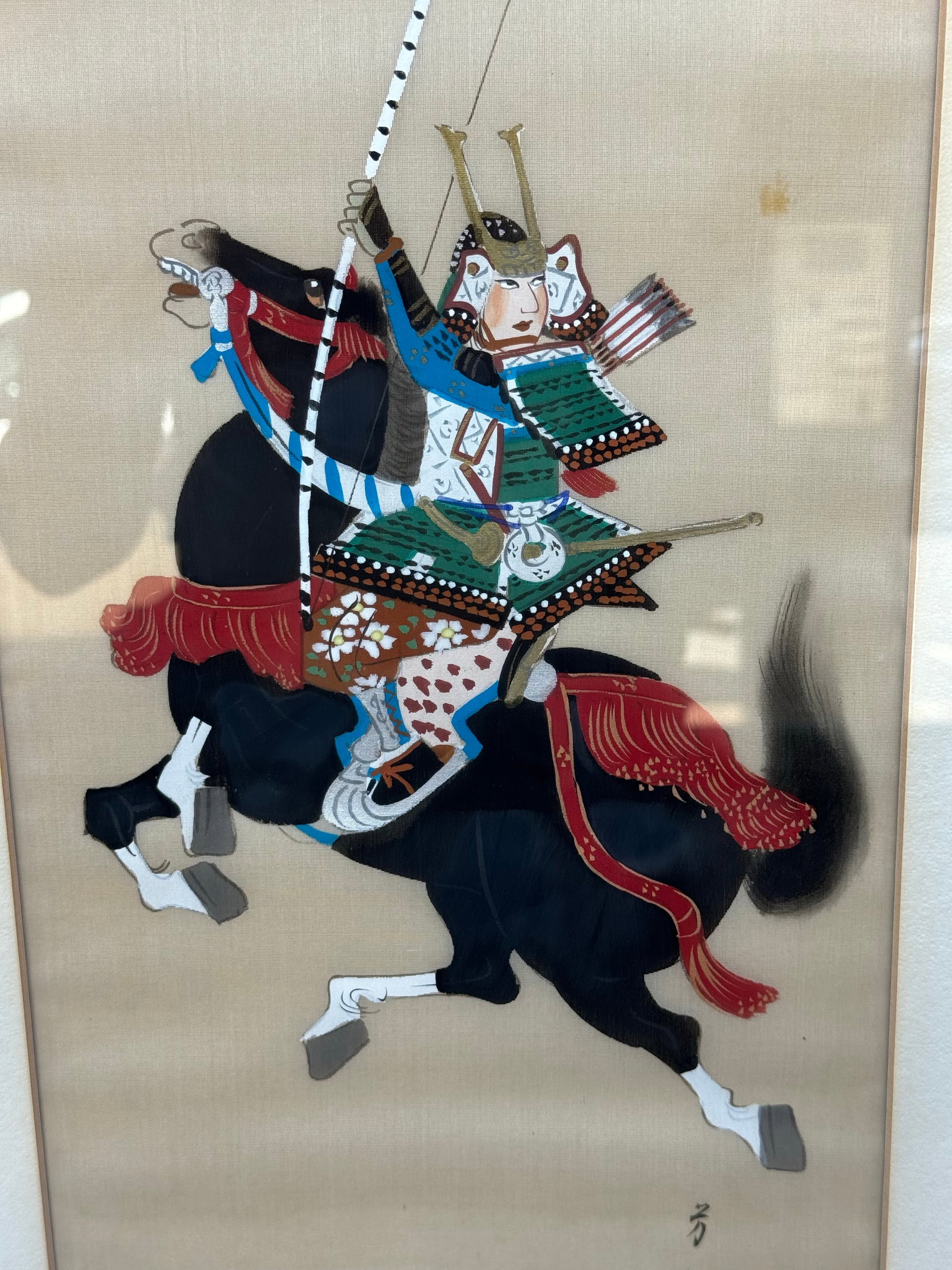Vintage Pair of Paintings on Silk- Samurai on Horseback - 4