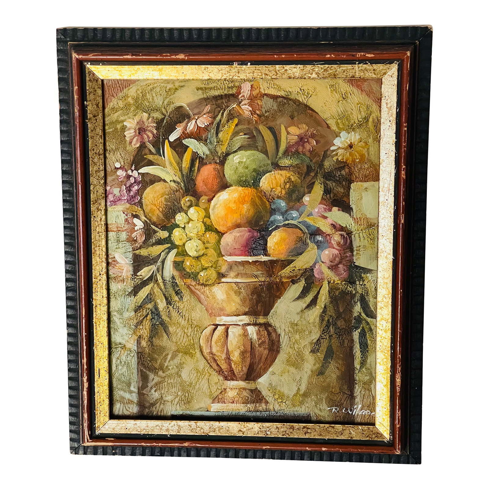 1960s Barock Revival Oil on Canvas Still Life Painting Signed Framed: Cornucopia of fruits and Floweers Barock Revival oil on board painting framed in an antique gold tone frame. Condition: Alterations: Original Condition Unaltered Imperfections: Some Imperfections